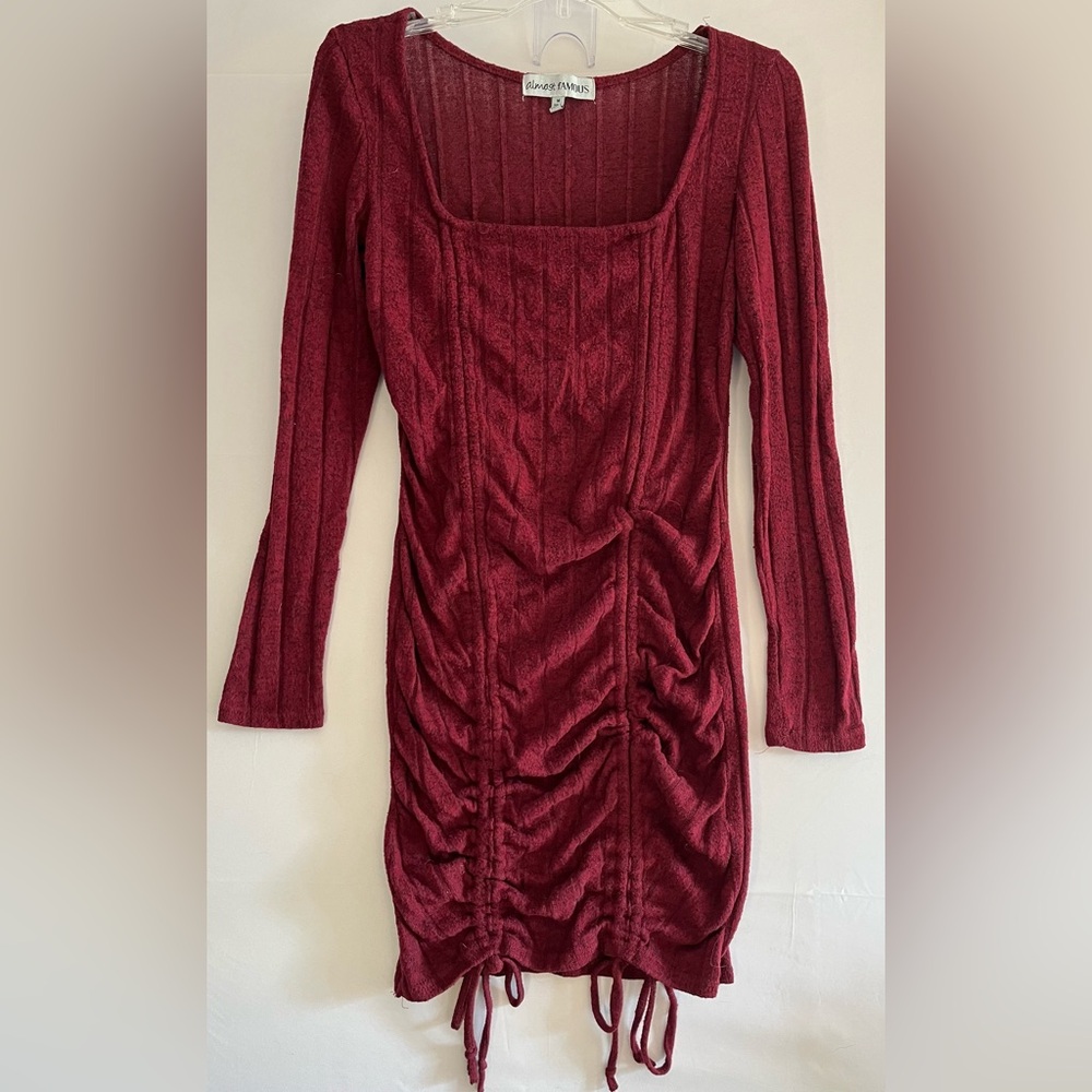 Almost Famous Ruched Drawstring Dress Medium Burgundy Ribbed Knit Y2K Party